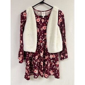 Self ❤️ Esteem Girls Bell Sleeve Dress with Attached Vest Red Floral Size M/10